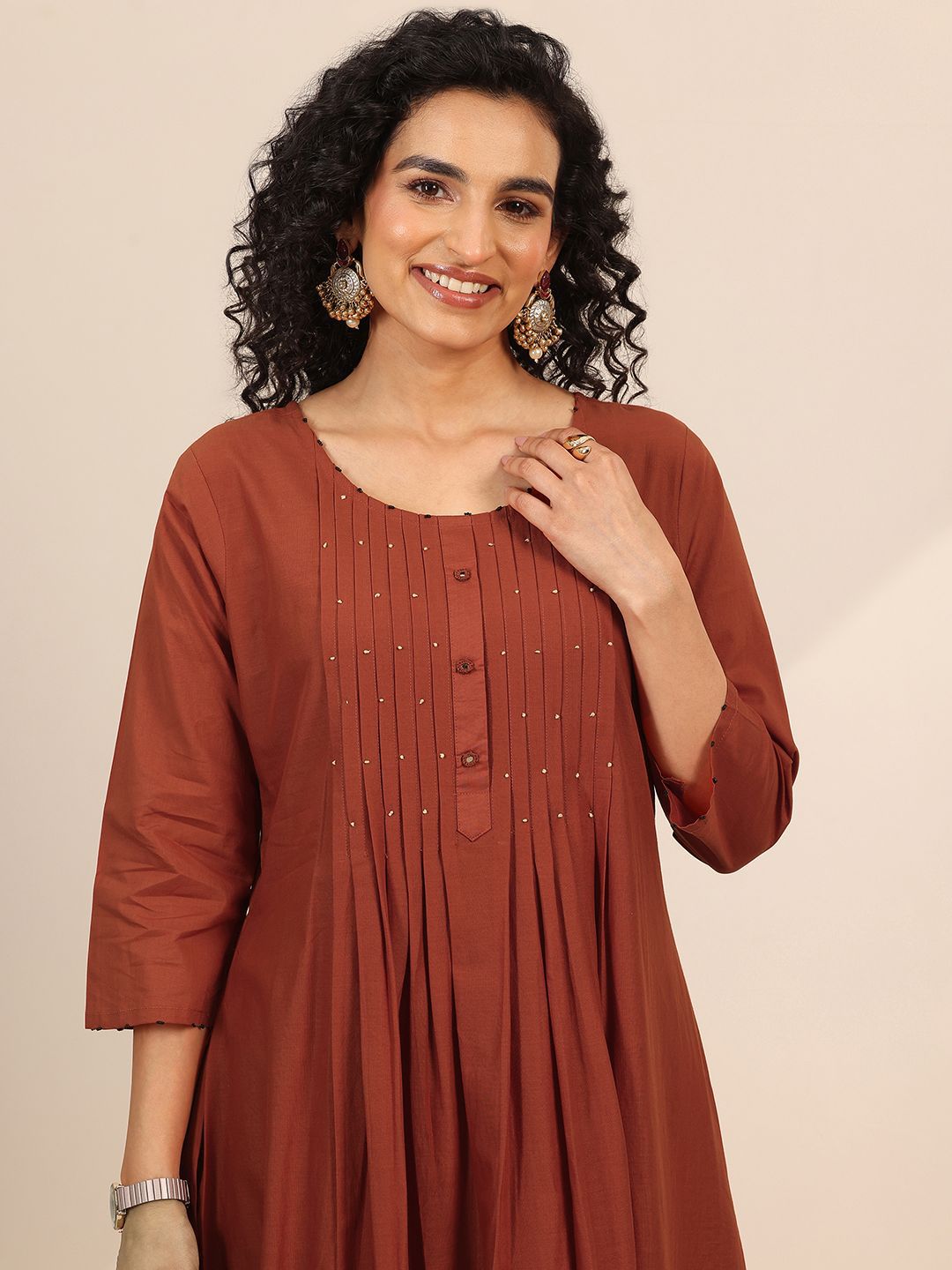 Womens Rust Embroidered Anarkali Kurta With Palazzos & Dupatta