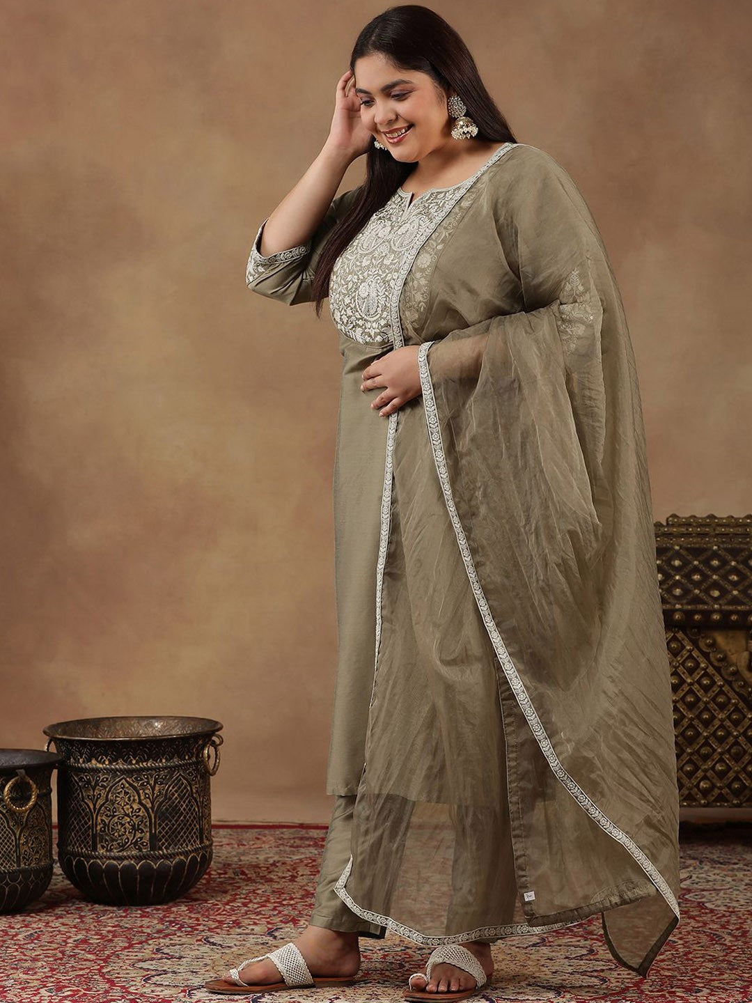 Plus Size Floral Embroidered Thread Work Kurta With Trousers & Dupatta