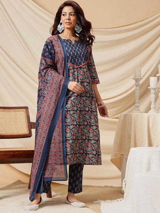Floral Printed Notch Neck Pure Cotton Kurta & Trouser With Dupatta