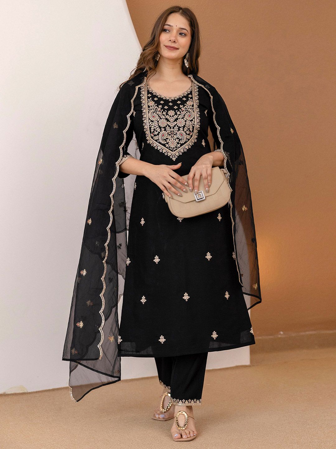 Women Black Silk Blend Embroidered Kurta & Trousers With Dupatta