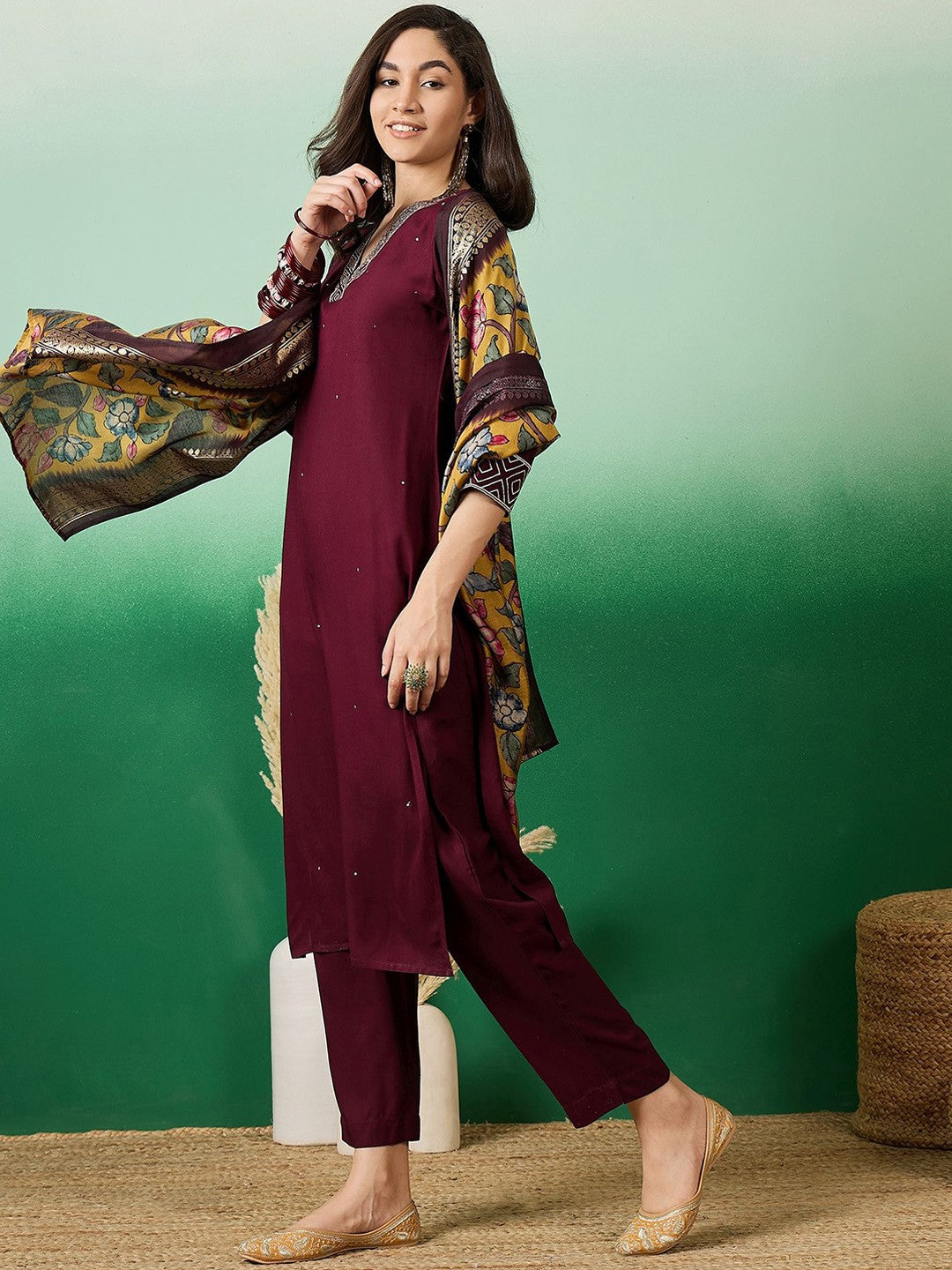 Embroidered Straight Kurta With Trouser & Dupatta Set