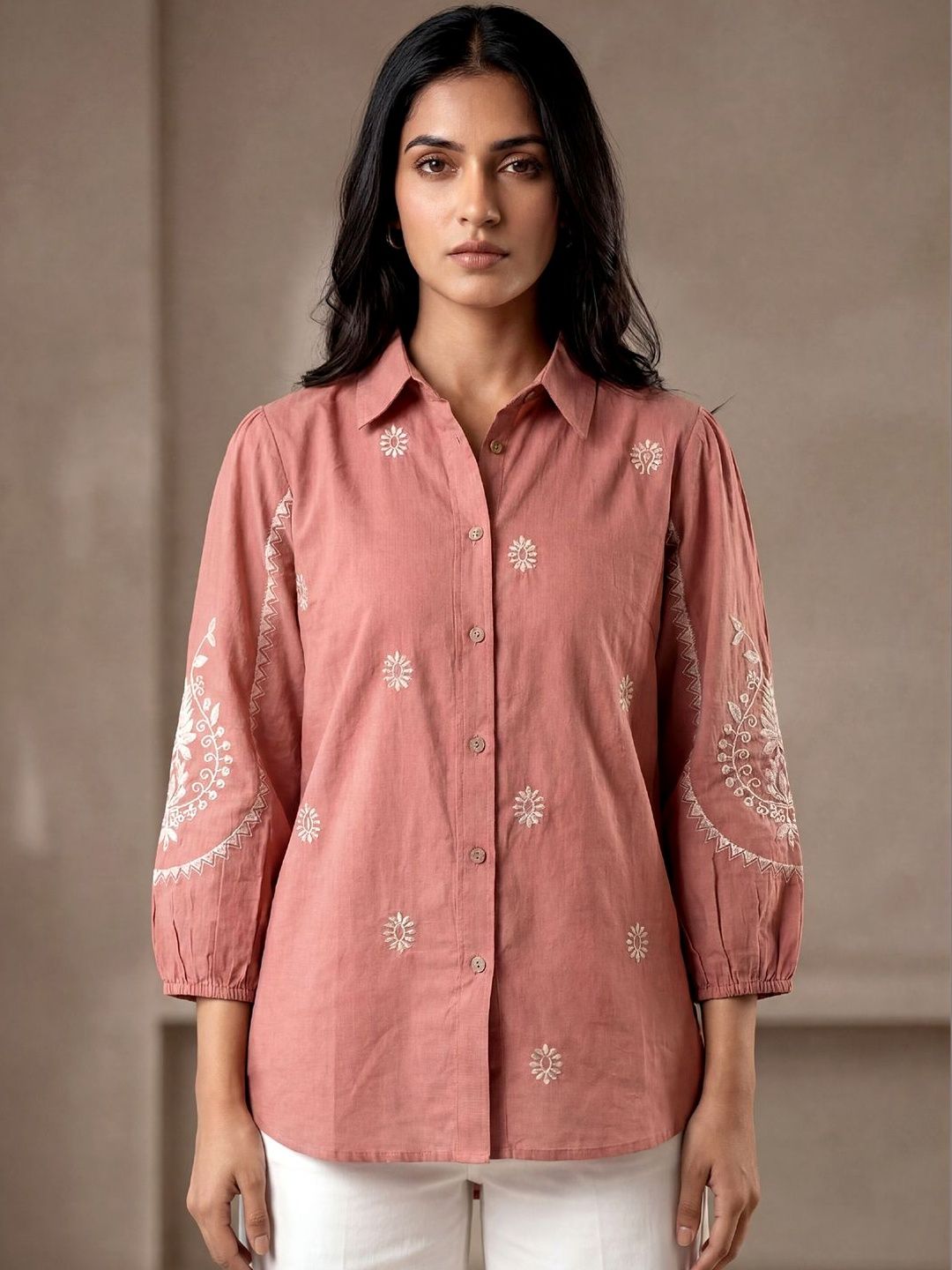 Women Shirt Collar Embroidered Tunic