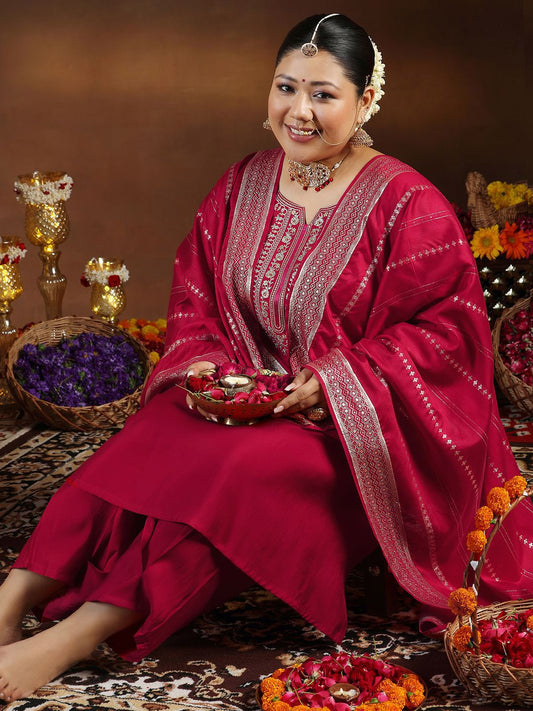 Women Plus Size Floral Yoke Design Sequined Kurta Trousers Dupatta