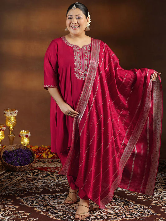 Women Plus Size Floral Yoke Design Sequined Kurta Trousers Dupatta