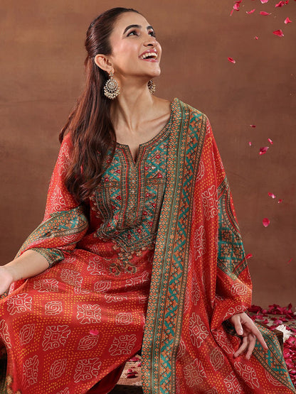 Women Bandhani Printed Kurta with Trousers & Dupatta