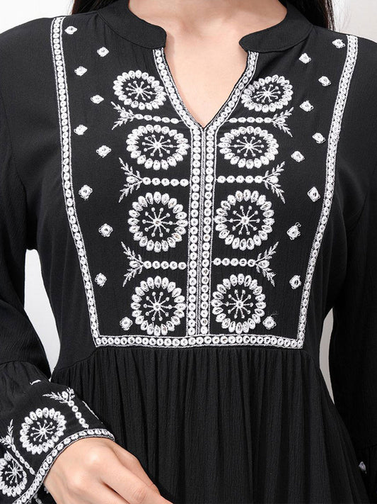 Women Embroidered Tie Midi Dress