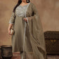 Plus Size Floral Embroidered Thread Work Kurta With Trousers & Dupatta