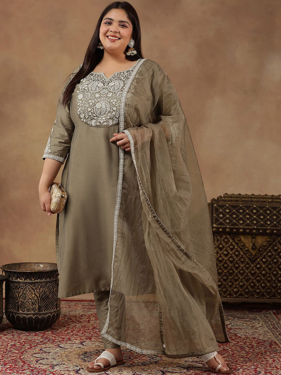 Plus Size Floral Embroidered Thread Work Kurta With Trousers & Dupatta