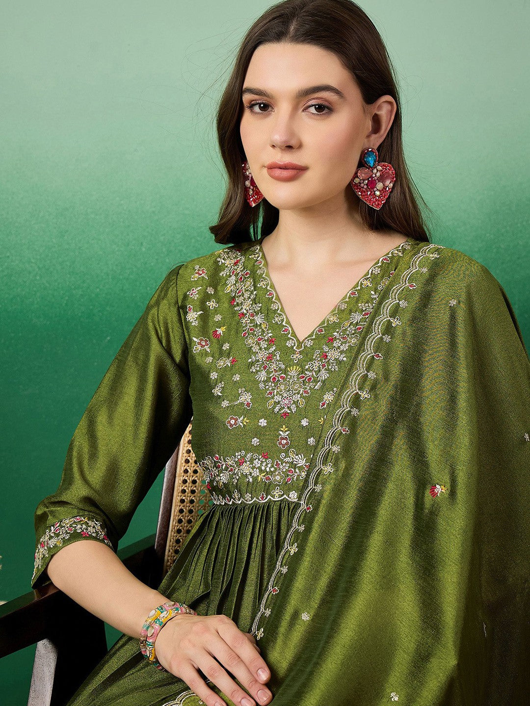 Floral Embroidered A-Line Kurta With Palazzo & Dupatta