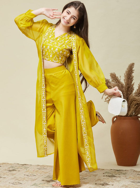 Girls Organza Embroidered Blouse and Kaftan Shrug with Palazzo Set
