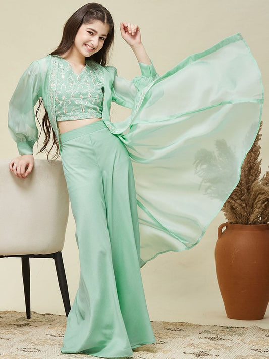 Girls Organza Embroidered Blouse and Kaftan Shrug with Palazzo Set