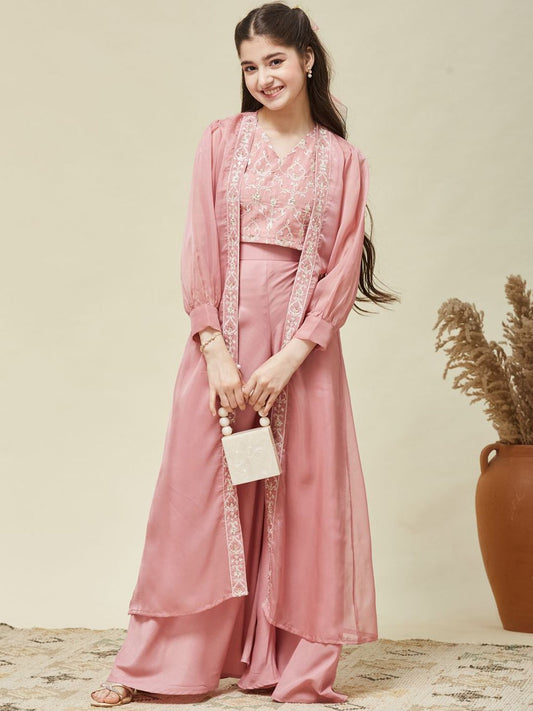 Girls Organza Embroidered Blouse and Kaftan Shrug with Palazzo Set