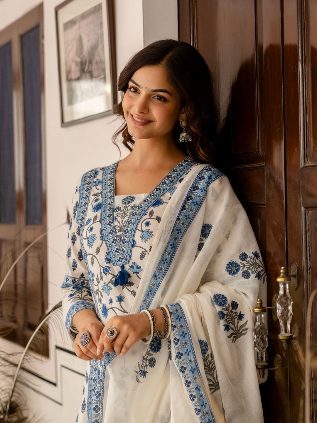 Floral Printed Bagru Pure Cotton Kurta with Palazzos & Dupatta