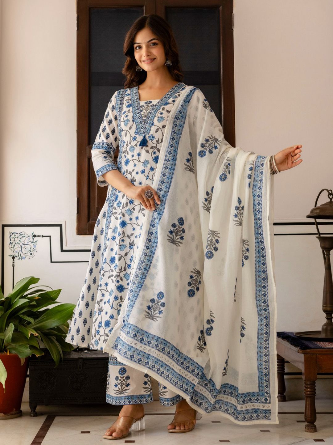 Floral Printed Bagru Pure Cotton Kurta with Palazzos & Dupatta
