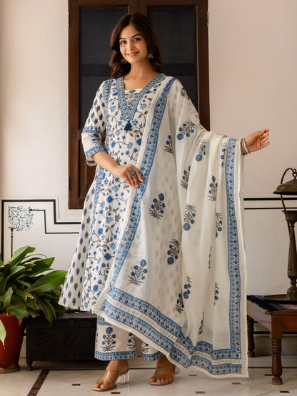 Floral Printed Bagru Pure Cotton Kurta with Palazzos & Dupatta