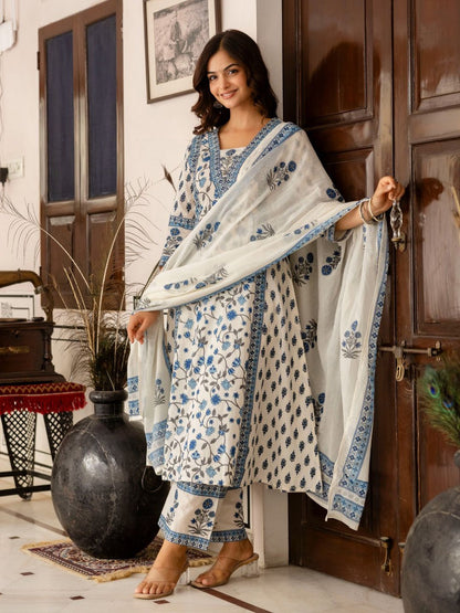 Floral Printed Bagru Pure Cotton Kurta with Palazzos & Dupatta
