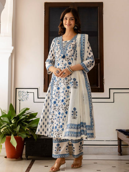 Floral Printed Bagru Pure Cotton Kurta with Palazzos & Dupatta