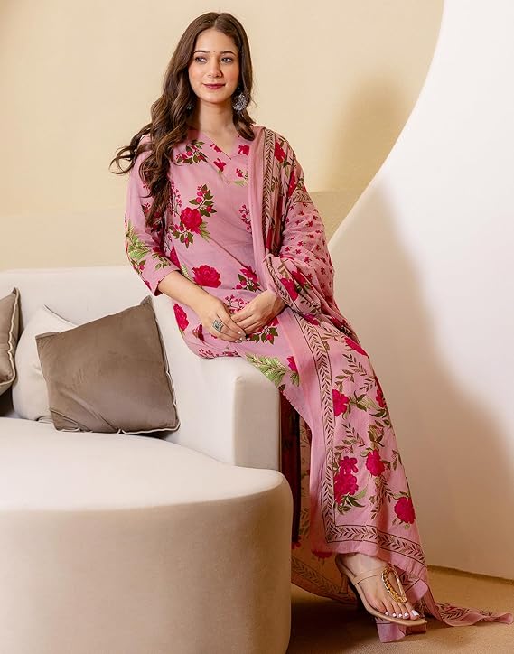 Women's Cotton Floral Printed Straight Kurta with Pant & Dupatta