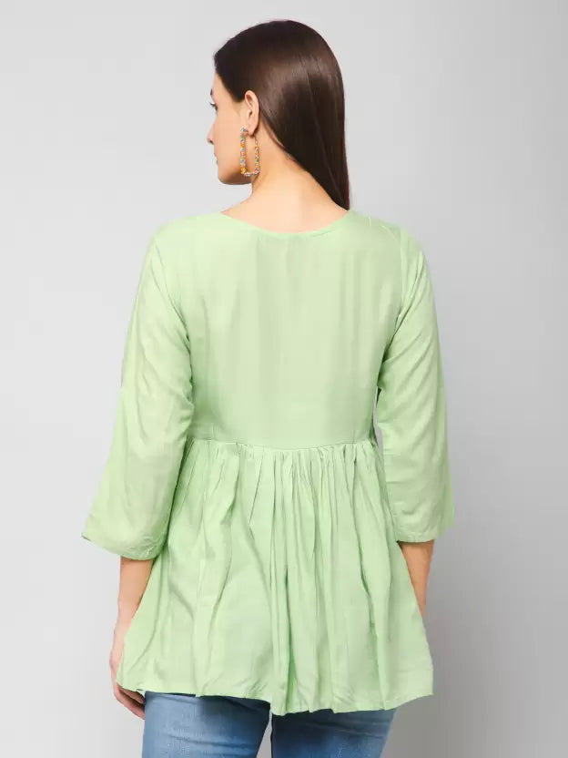 Casual Regular Sleeves Embroidered Women Light Green Top