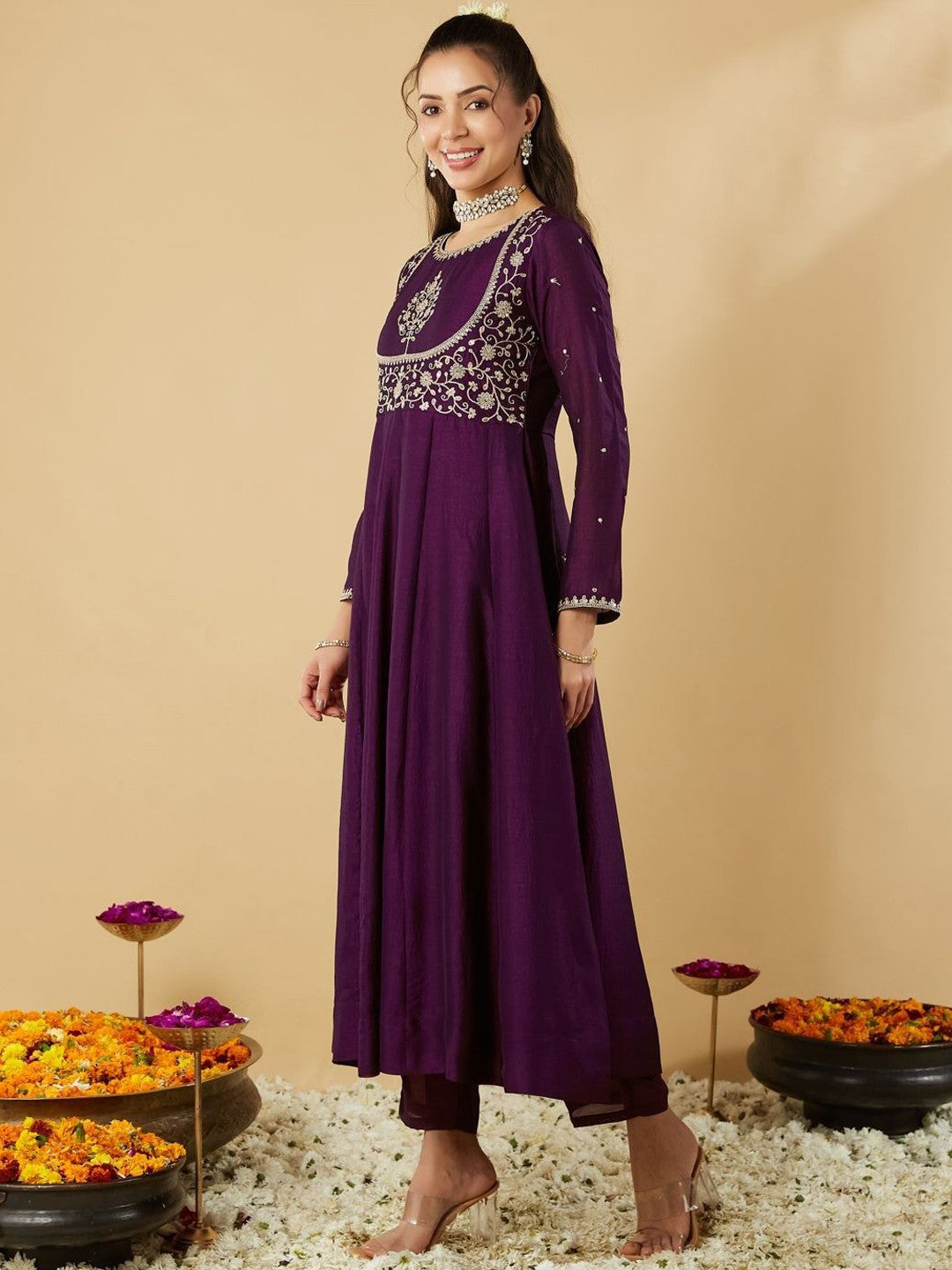 Women Woven Design Embroidered Anarkali Kurta with Trousers & Dupatta