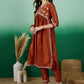 Rust Embroidered High Slit A-Line Kurta With Trouser