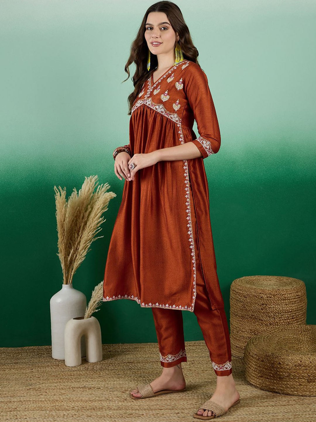 Rust Embroidered High Slit A-Line Kurta With Trouser