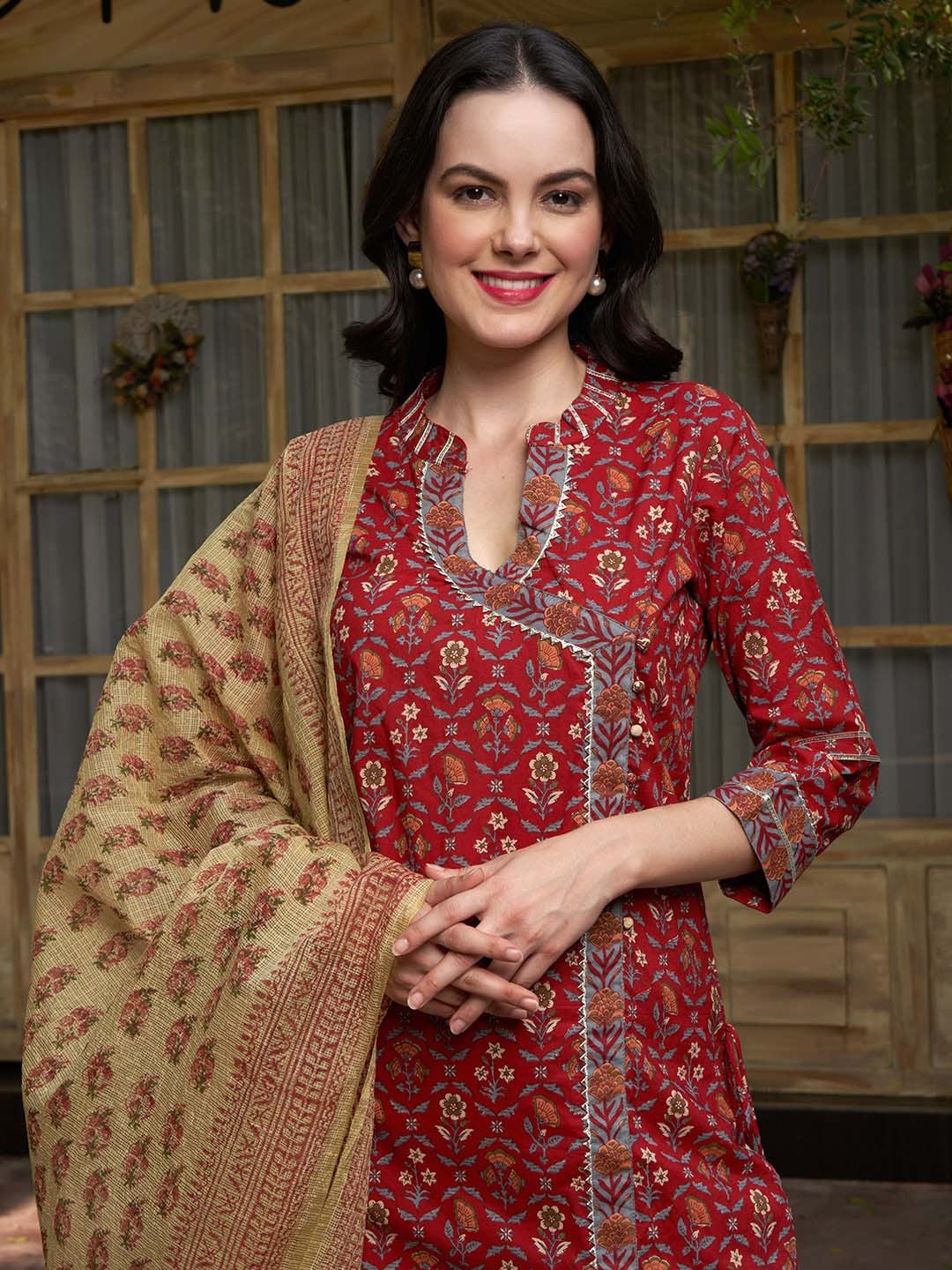 Maroon Floral Printed Angrakha Pure Cotton Kurta with Trousers & Dupatta