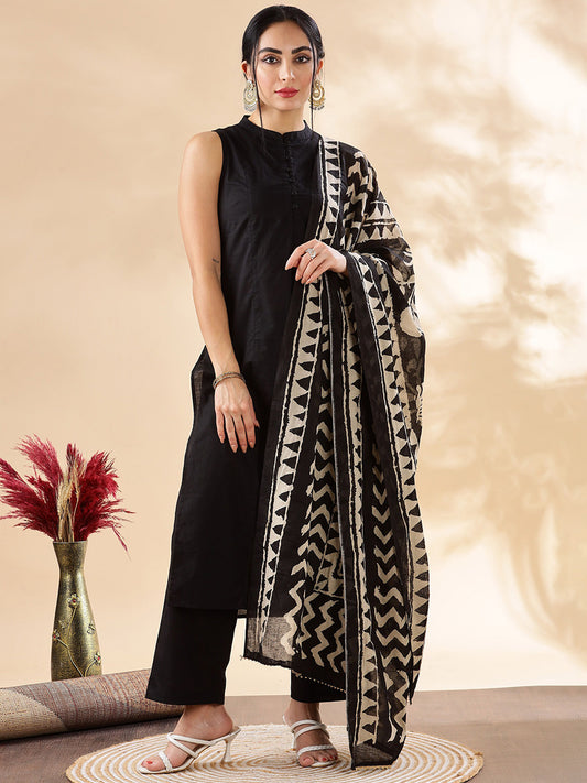 Mandarin Collar Pure Cotton A-Line Kurta With Palazzos & Dupatta