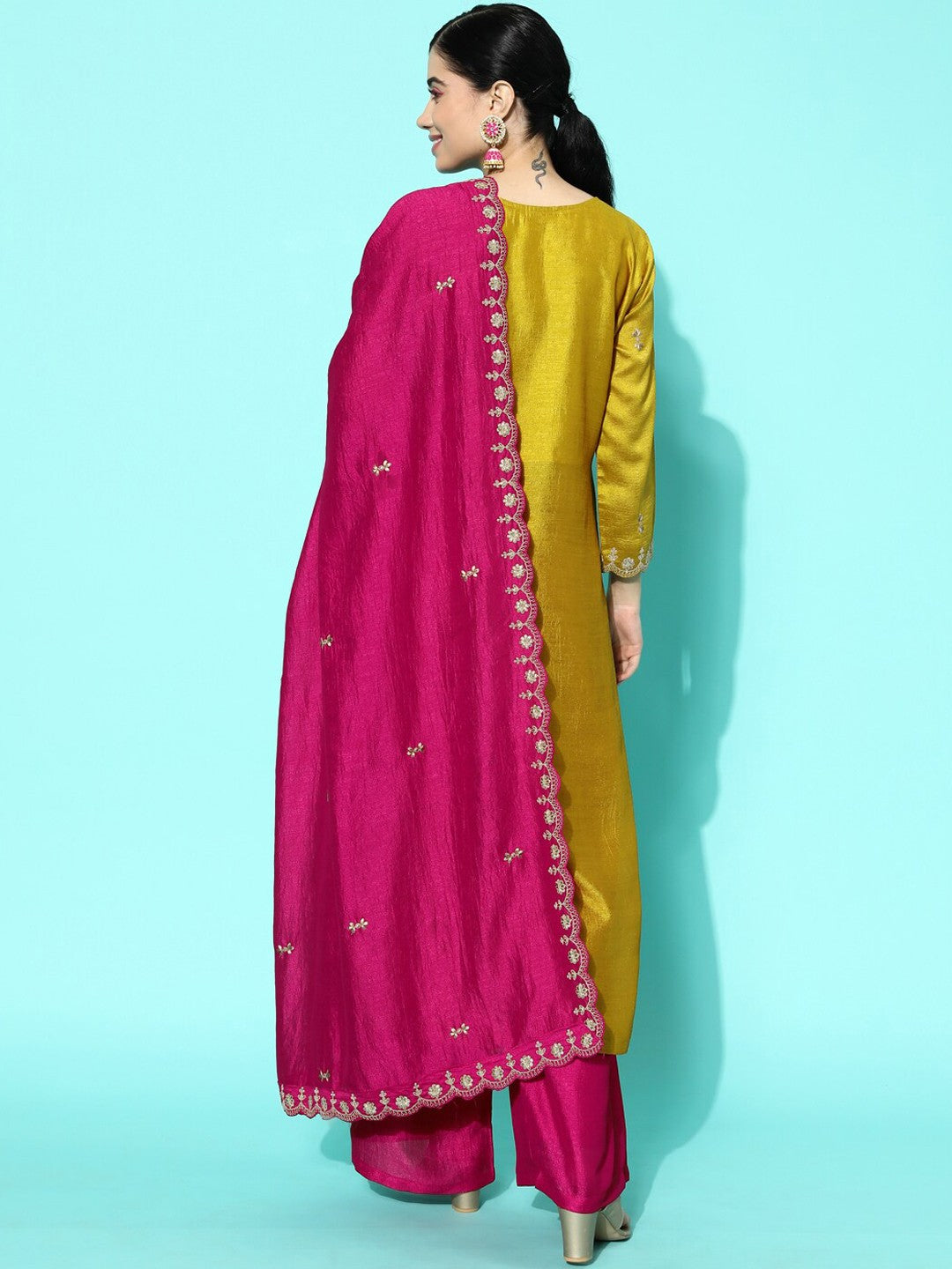 Yellow & Pink Floral Sequinned Embroidered Straight Kurta With Palazzo & Dupatta