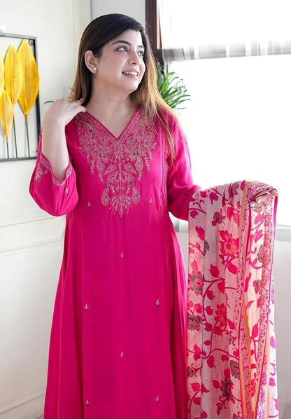 Women Silk Embroidery Kurta and Pant Set with Dupatta