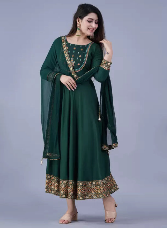 Women Green Viscose Rayon Kurta Dupatta Set