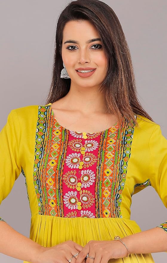 Nayra Cut Yellow Printed Round Neck 3/4 sleeve calf length Kurta Pant