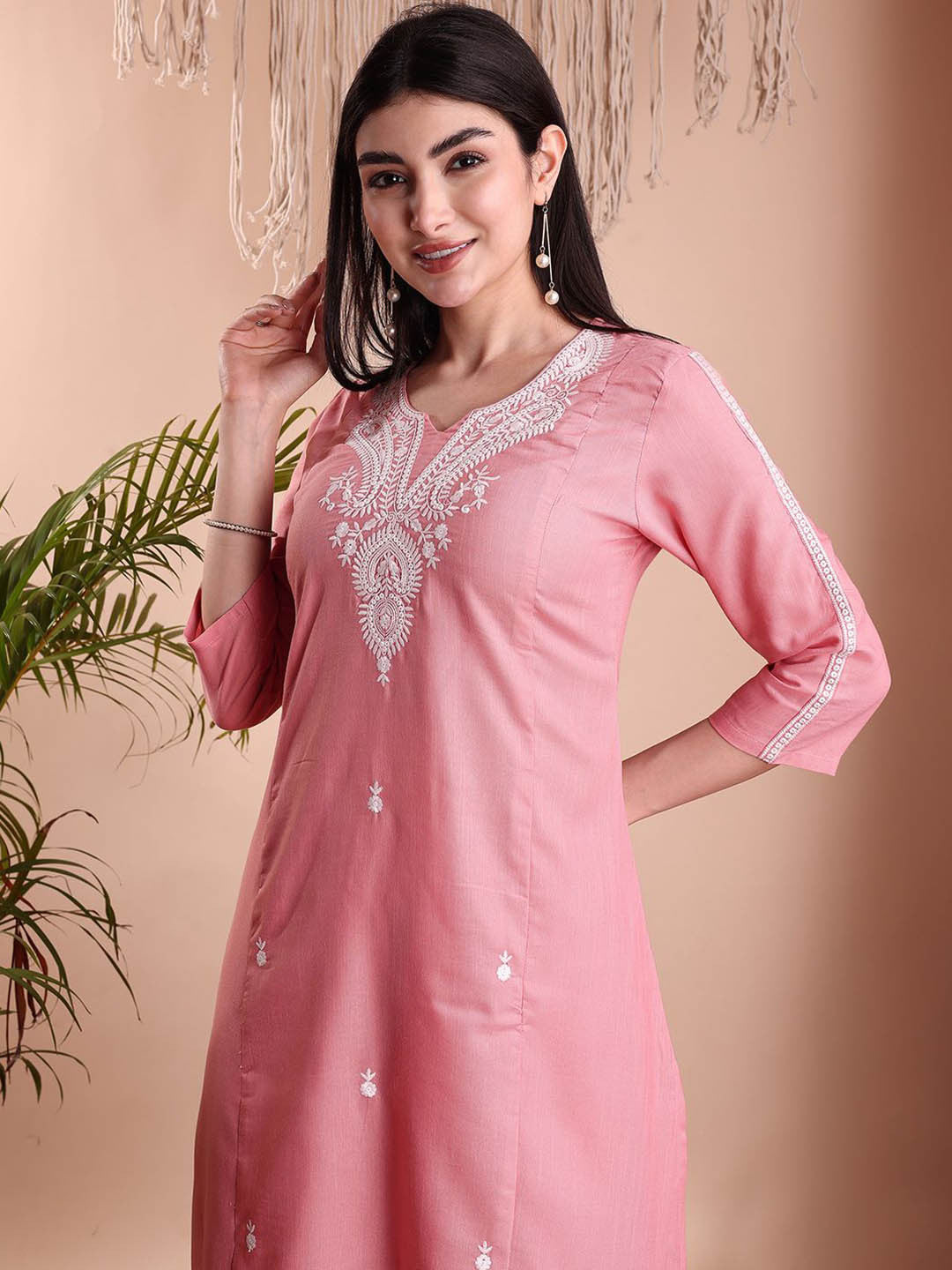 Floral Embroidered Notch Neck Chikankari Straight Kurta With Palazzos