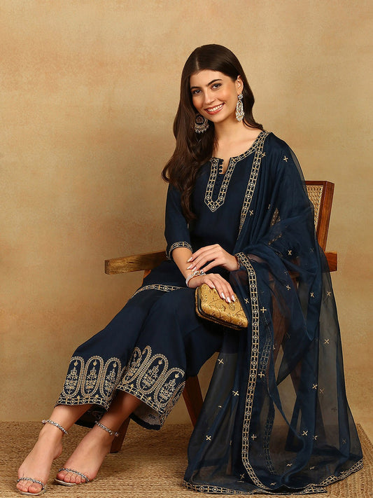 Blue Yoke Design Straight Kurta with Trousers & Dupatta