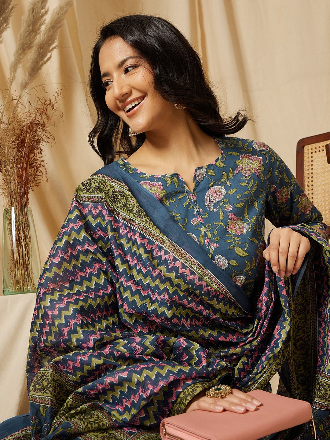 Notch Neck Floral Printed Pure Cotton Kurta with Palazzo & Dupatta