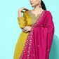 Yellow & Pink Floral Sequinned Embroidered Straight Kurta With Palazzo & Dupatta