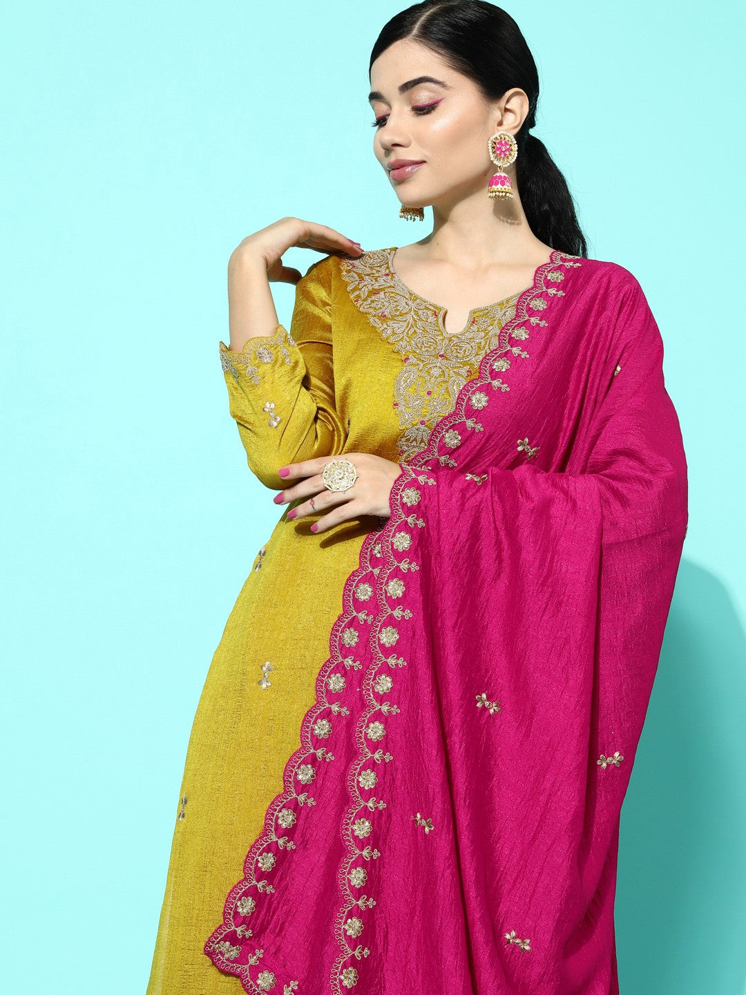 Yellow & Pink Floral Sequinned Embroidered Straight Kurta With Palazzo & Dupatta