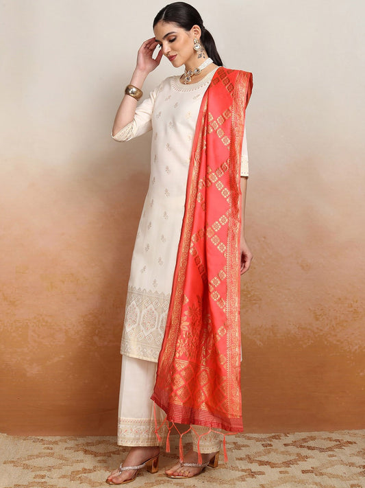 Cream Coloured Woven Design Zari Straight Kurta With Palazzos & Dupatta