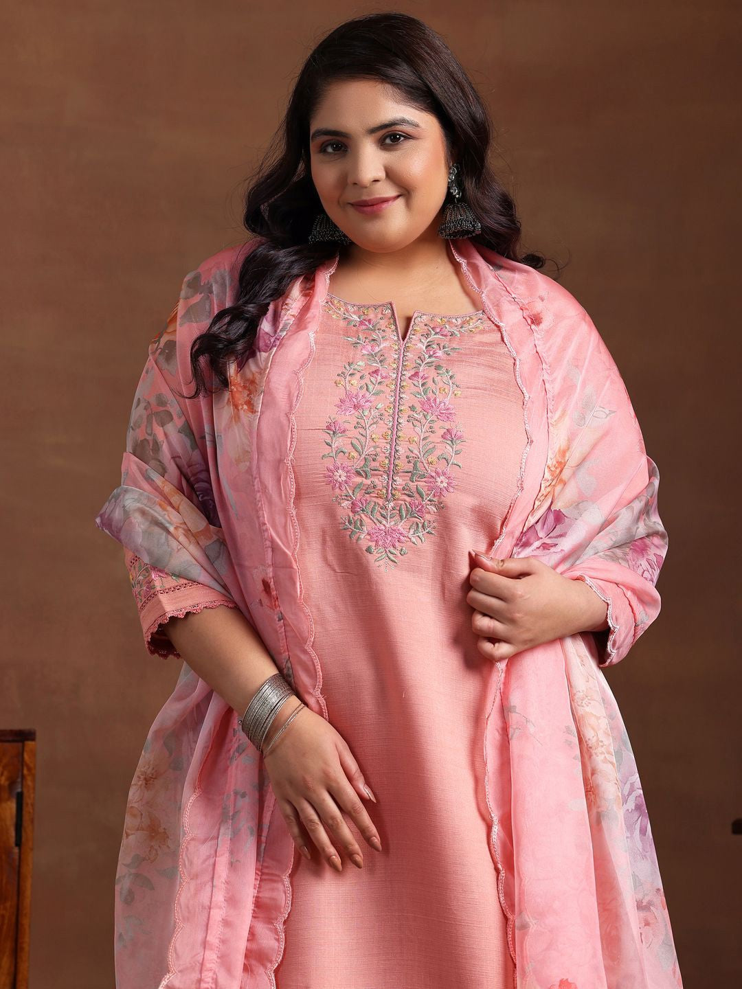 Plus Size Floral Yoke Design Straight Kurta with Palazzo & Dupatta