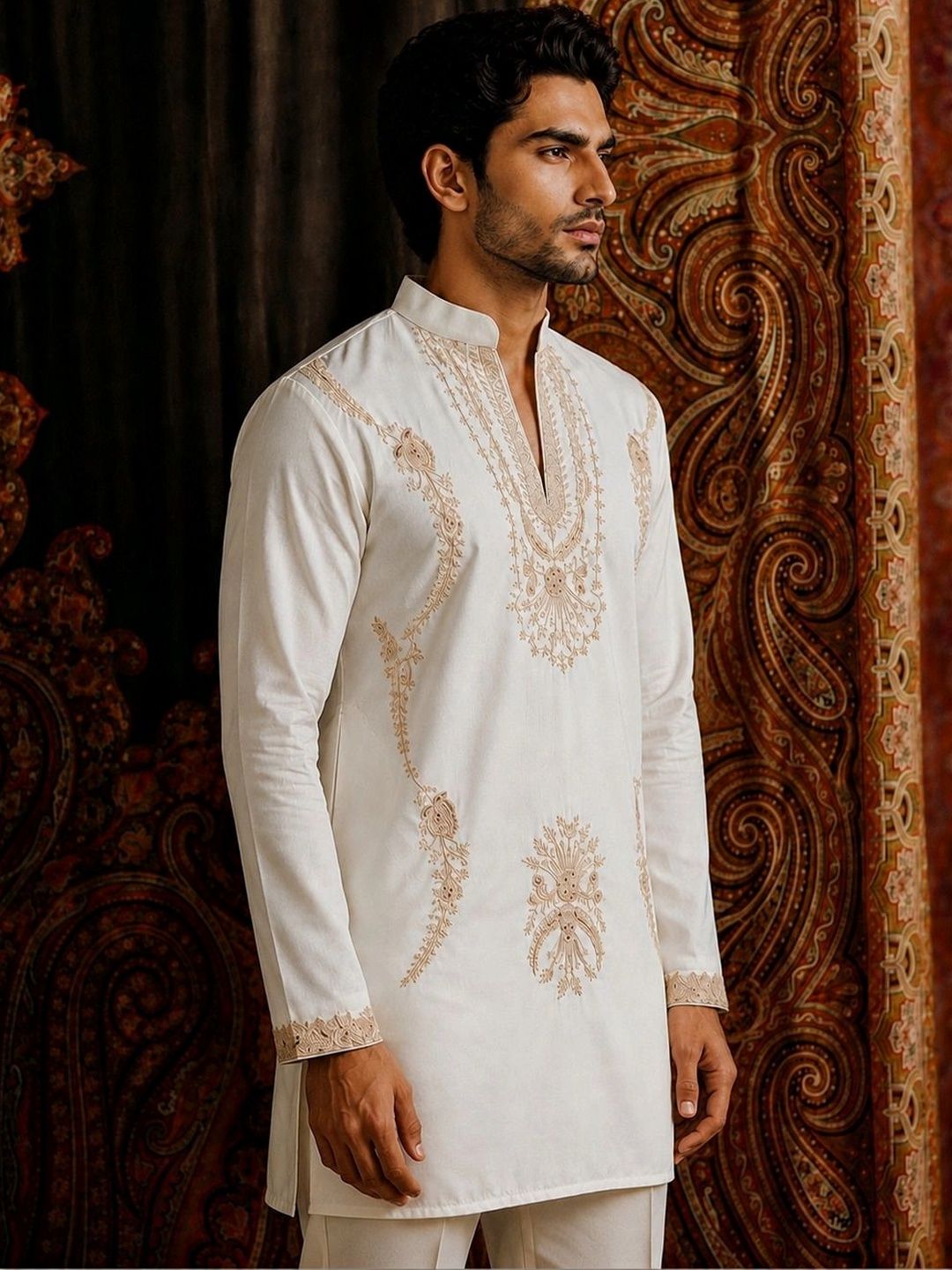 Men Ethnic Motifs Embroidered Regular Thread Work Kurta with Pyjamas (Cream)