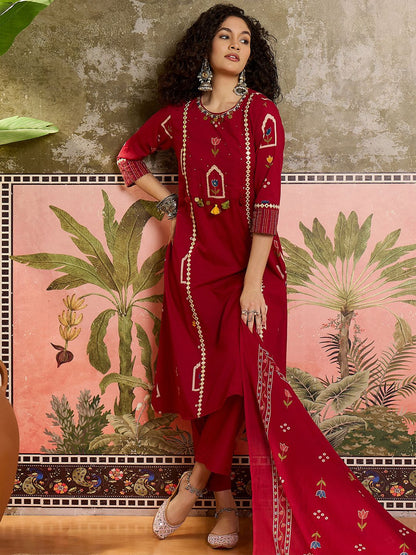 Printed Cotton Round Neck Kurta & Trousers With Dupatta