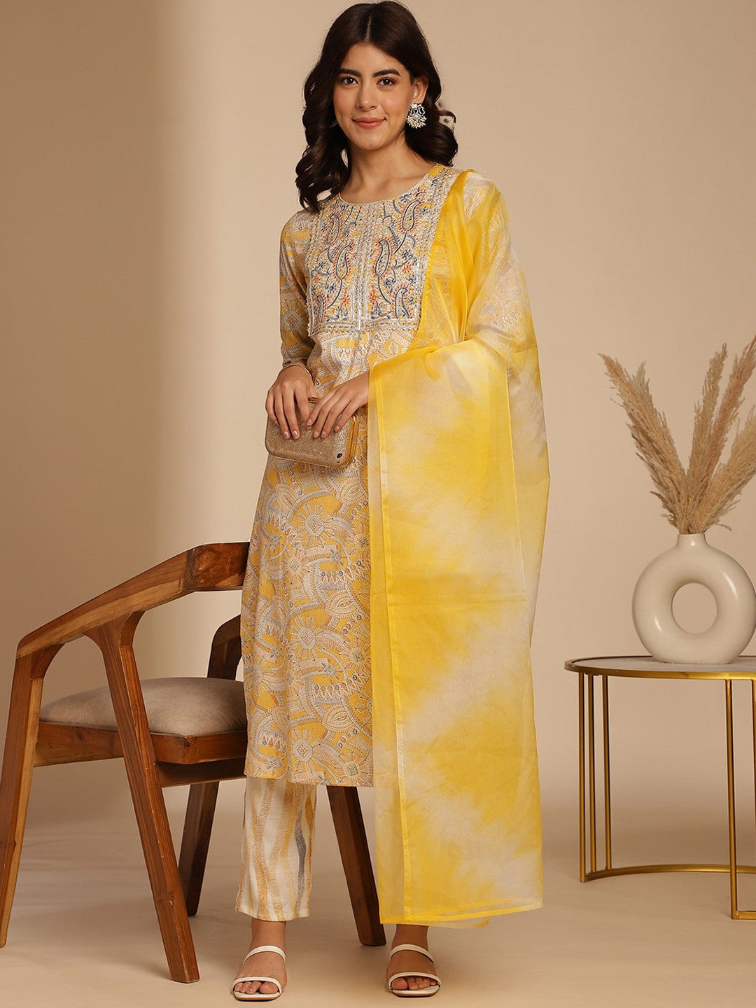 Mustard Yellow Ethnic Motifs Printed Thread Work Kurta with Trousers & Dupatta