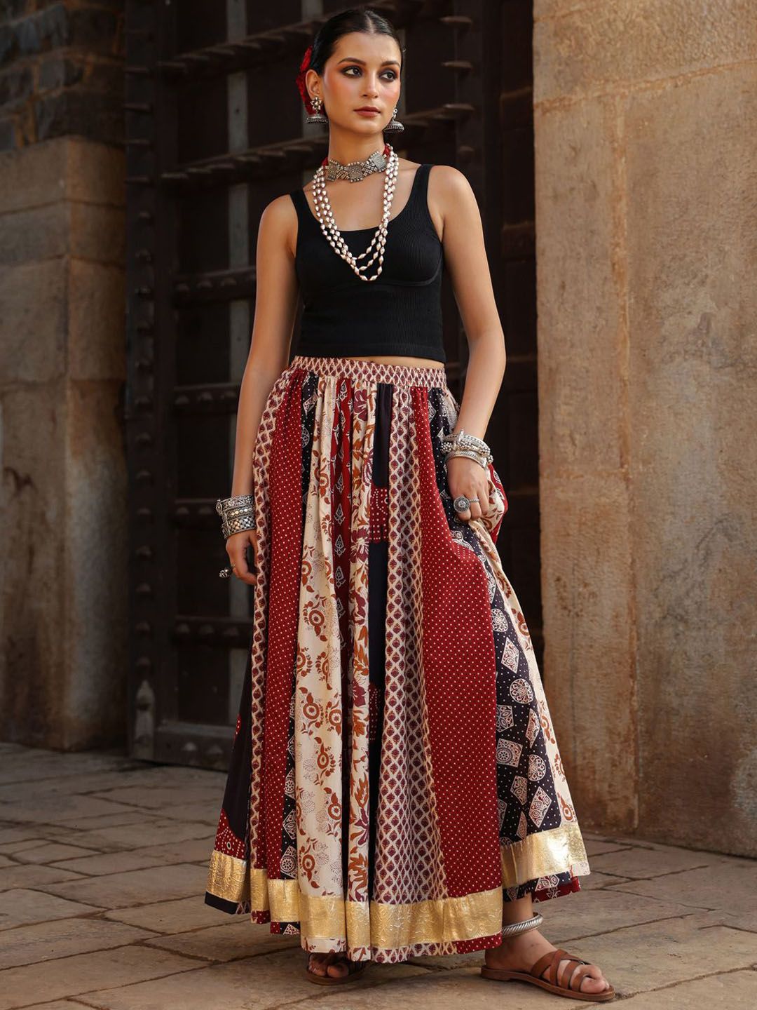 Women Printed Flared Pure Cotton Maxi Skirt