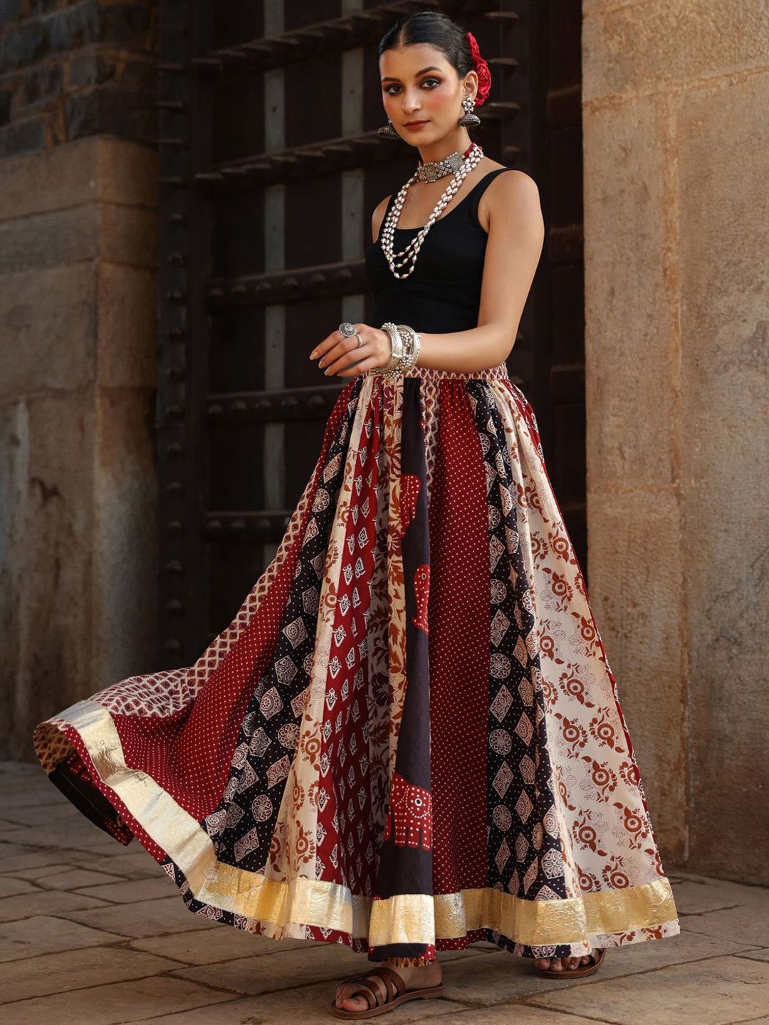 Women Printed Flared Pure Cotton Maxi Skirt