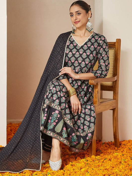 Women Black Ethnic Motifs Printed A-Line Kurta with Palazzos & Dupatta Rayon Set