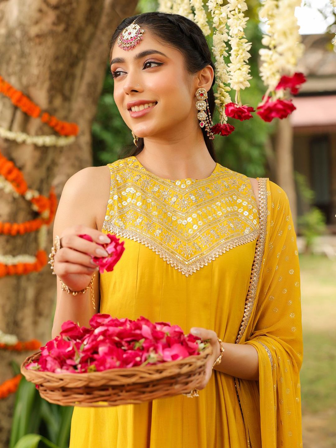 Women Yellow Chanderi Silk Embellished Anarkali Kurta Set With Dupatta