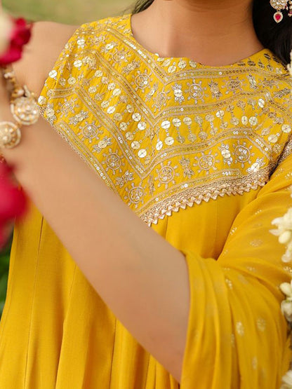 Women Yellow Chanderi Silk Embellished Anarkali Kurta Set With Dupatta
