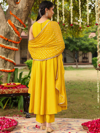 Women Yellow Chanderi Silk Embellished Anarkali Kurta Set With Dupatta
