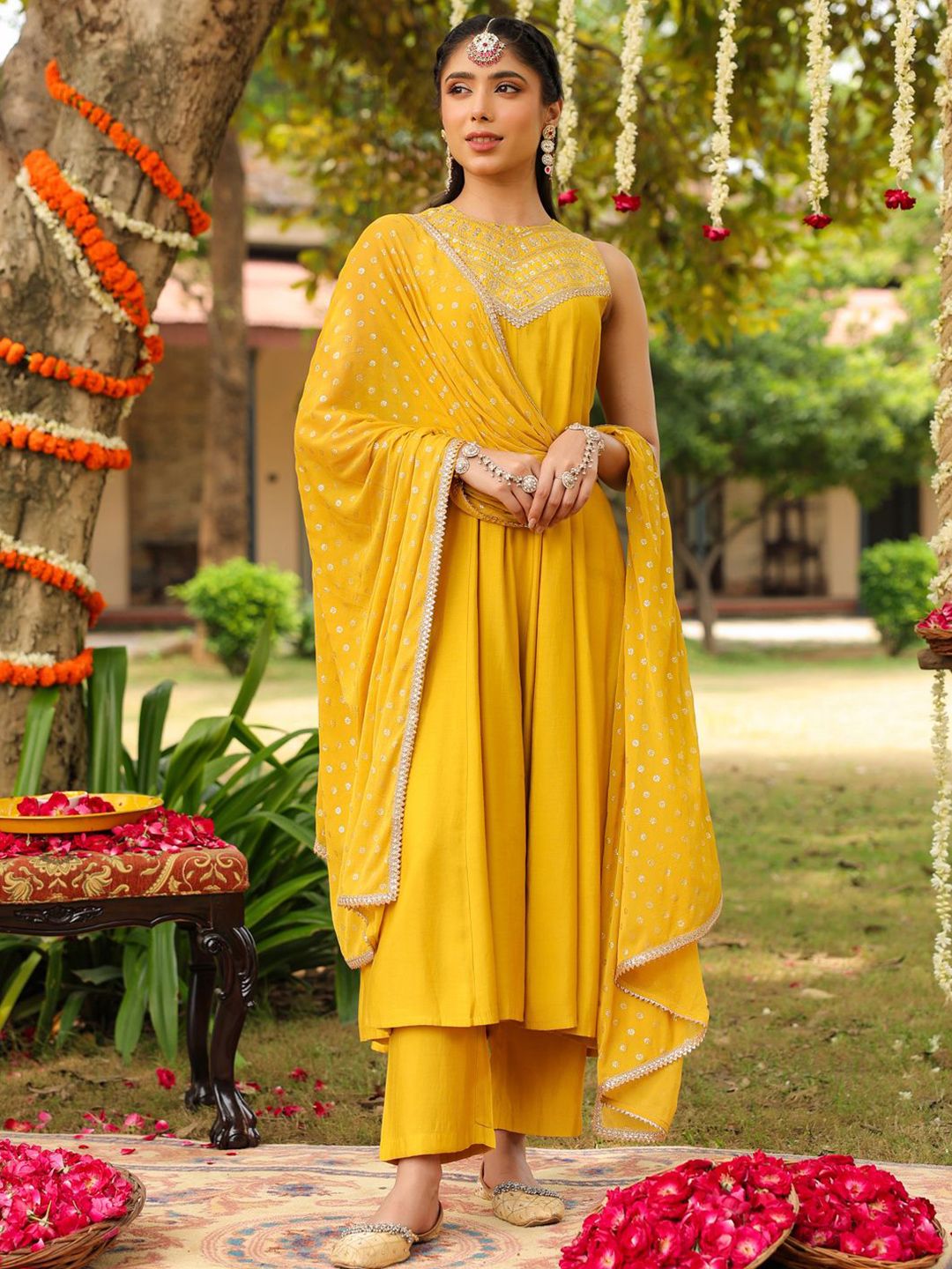 Women Yellow Chanderi Silk Embellished Anarkali Kurta Set With Dupatta