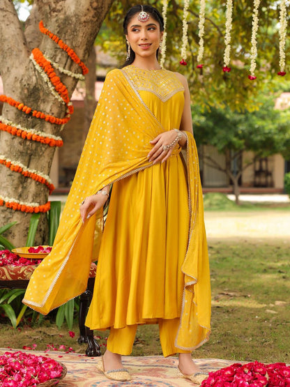 Women Yellow Chanderi Silk Embellished Anarkali Kurta Set With Dupatta